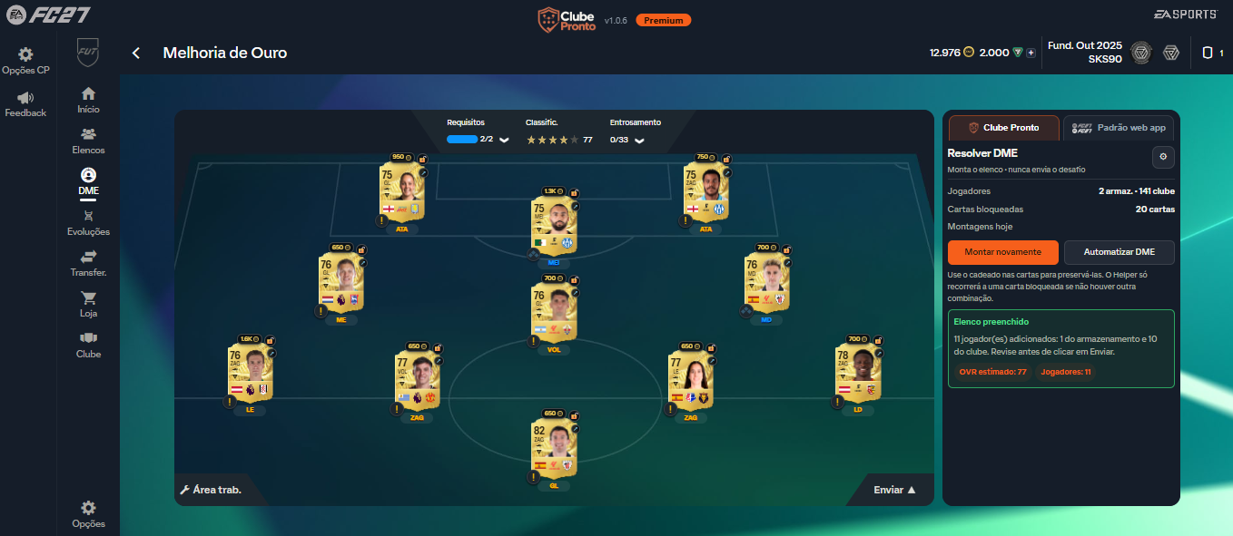 Clube Pronto preenchendo um DME no Web App
